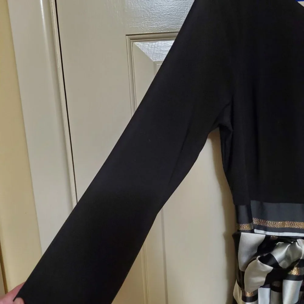 Women Jessica Howard 10 Cocktail Dress Black w/Striped Skirt Belt Beautiful NWT - Picture 3 of 10